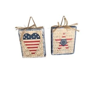 Patriotic‎ Wood Block Decor Set, American Flag Heart & Star, Independence Day